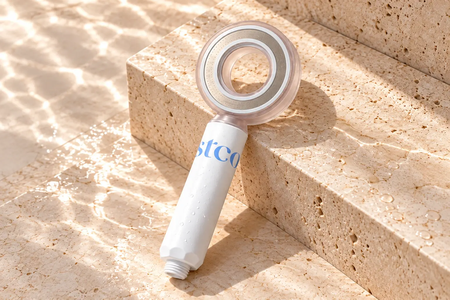 MOSTCOL aroma shower head on warm cream travertine